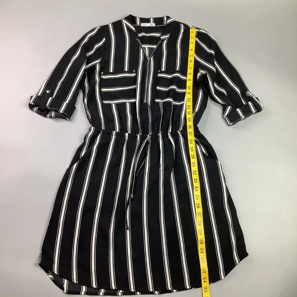 Striped Black & White Midi Dress Roll-Up Sleeves Drawstring Waist Old Money - Picture 2 of 10